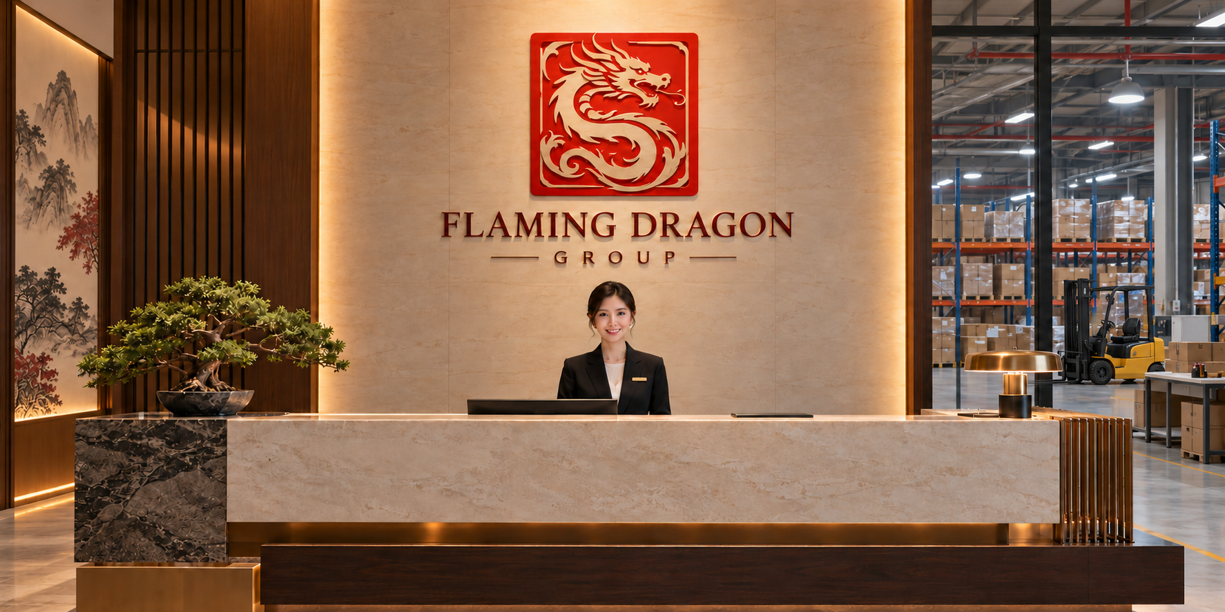 Reception concept with a receptionist, Flaming Dragon Group signage and a warehouse with a forklift, pallet racking and cartons visible behind